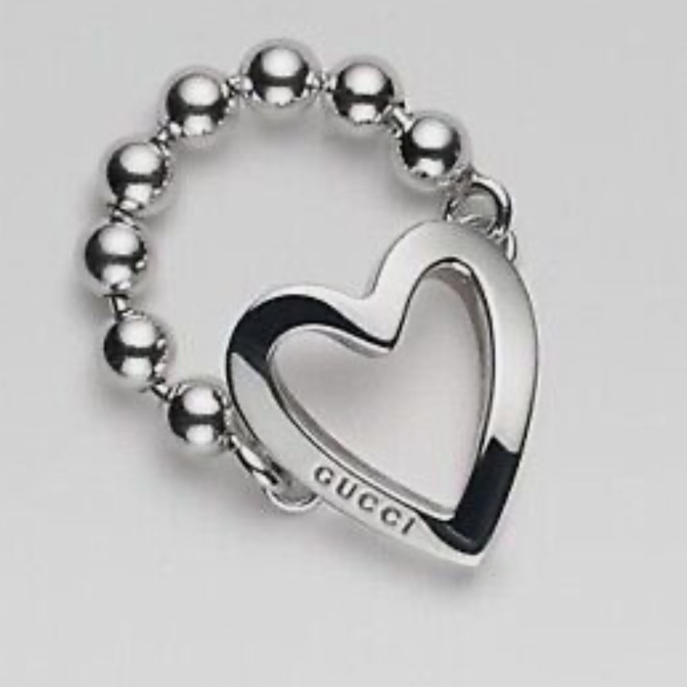 Gucci Beaded Chain Heart Ring Sterling Silver Size 6